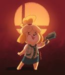  animal_crossing anthro barefoot canine clothed clothing cute dog fangs female floppy_ears fur gun isabelle_(animal_crossing) mammal nintendo open_mouth ranged_weapon sharp_teeth shih_tzu shirt skirt smile solo standing super_smash_bros super_smash_bros._ultimate teeth tongue umberoff video_games weapon 