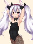  animal_ears arms_up azur_lane bangs black_bow black_leotard black_neckwear blush bow bowtie breasts brown_background bunny_ears bunny_girl bunny_tail bunnysuit cameltoe cleavage commentary_request covered_navel cowboy_shot detached_collar eyebrows_visible_through_hair fishnet_pantyhose fishnets hair_between_eyes hair_bow hairband highres laffey_(azur_lane) leotard long_hair looking_at_viewer minazuki_minao pantyhose parted_lips red_eyes red_hairband silver_hair simple_background small_breasts solo strapless strapless_leotard tail twintails very_long_hair white_collar 