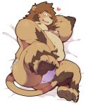  &lt;3 anthro anus bed belly belly_overhang blush brown_fur brown_hair bulge claws clothing digital_media_(artwork) feline fundoshi fur hair japanese_clothing kemono lion looking_at_viewer lying male mammal mostly_nude navel nipples on_bed open_mouth overweight overweight_male quanjiang slightly_chubby smile solo tail_between_legs teeth toe_claws underwear 犬酱 