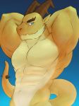  abs anthro biceps blue_eyes dragon fanofthefurr flexing gold_skin half-length_portrait hi_res horn invalid_tag looking_at_viewer male muscular muscular_male navel nude pecs portrait presenting simple_background smile solo standing 