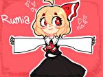  ascot black_skirt blonde_hair blouse blush character_name chibi commentary english_commentary eyebrows_visible_through_hair frilled_shirt_collar frills hair_between_eyes hair_ribbon heart heart-shaped_pupils long_sleeves outstretched_arms red_background red_eyes red_neckwear ribbon rumia shirt short_hair skirt sleeves_past_wrists smile solo spread_arms symbol-shaped_pupils the_embodiment_of_scarlet_devil thepiratedoge touhou vest white_blouse white_shirt wide_sleeves 
