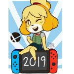  :d animal_crossing anthro barefoot canine clothed clothing cute daisyein dog female floppy_ears fur hair isabelle_(animal_crossing) looking_at_viewer mammal nintendo nintendo_switch one_eye_closed open_mouth shih_tzu shirt sitting skirt solo super_smash_bros super_smash_bros._ultimate teeth video_games wink 