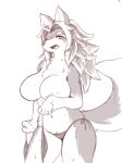  2018 anthro august_flamme_rouge big_breasts blush bra breasts canine clothed clothing female fur hair hi_res mammal naturally_censored nipple_tuft open_mouth panties side-tie_panties solo spot_color surigara_usuzu topless tuft underwear whooo-ya wolf 