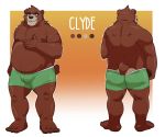  2018 anthro bear belly big_belly brown_fur bulge clothed clothing clyde digital_media_(artwork) eyewear fur glasses hi_res humanoid_hands invalid_tag looking_at_viewer male mammal model_sheet nipples overweight overweight_male rsotot simple_background slightly_chubby smile solo standing text thick_thighs toes 