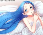  artist_name bed blue_eyes blue_hair blush breasts check_commentary commentary_request dated highres interlocked_fingers kantai_collection long_hair looking_at_viewer lying nuka_(nvkka) open_mouth pillow samidare_(kantai_collection) small_breasts solo under_covers 