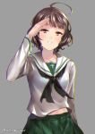  ahoge akiyama_yukari akiyama_yukari_(cosplay) blush brown_eyes brown_hair chromatic_aberration cosplay curly_hair girls_und_panzer green_skirt grey_background juurouta kantai_collection kishinami_(kantai_collection) long_sleeves look-alike looking_at_viewer neckerchief ooarai_school_uniform salute shirt short_hair simple_background skirt smile solo twitter_username uniform white_shirt 