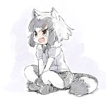  :d animal_ears black_neckwear bow bowtie brown_eyes commentary common_raccoon_(kemono_friends) crossed_legs fang full_body fur_collar grey_hair indian_style kemono_friends looking_away medium_hair multicolored_hair open_mouth pantyhose panzuban puffy_short_sleeves puffy_sleeves raccoon_ears raccoon_tail short_sleeves simple_background sitting skirt smile solo tail two-tone_hair white_hair 