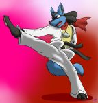  2016 3_toes action_pose anthro barefoot claws clothed clothing galileo_star karate_uniform kick kotetsu_rexen lucario male nintendo pawpads pok&eacute;mon pok&eacute;mon_(species) pose scarf signature simple_background solo toe_claws toes uniform video_games 