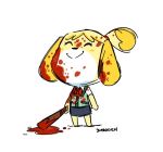  2018 animal_crossing anthro blood blush canine clothed clothing digital_media_(artwork) dinolich dog female fur hair isabelle_(animal_crossing) mammal melee_weapon nintendo shih_tzu simple_background smile solo standing video_games weapon white_background yellow_fur 