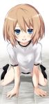  black_legwear blanc blue_eyes blush breasts brown_hair commentary_request iwasi-r kneeling looking_at_viewer neptune_(series) open_mouth shirt short_hair small_breasts socks solo t-shirt white_shirt 