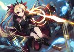  asymmetrical_sleeves black_leotard blonde_hair boots cape closed_eyes collarbone commentary_request earrings ereshkigal_(fate/grand_order) fate/grand_order fate_(series) full_body gold_trim hair_ribbon highres hoop_earrings jewelry kozakura_(dictionary) leotard long_hair red_cape red_eyes red_ribbon ribbon skull smile solo spine tiara two_side_up 