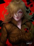  artist_name bangs blonde_hair breasts hair_over_one_eye hellsing high_collar large_breasts looking_at_viewer military military_uniform red_background red_eyes red_lips seras_victoria short_hair shurakrgt solo uniform vampire 