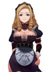  belt blonde_hair blue_eyes breasts cleavage collar drill_hair grin hand_on_hip highres long_hair looking_at_viewer maid maid_headdress overlord_(maruyama) simple_background smile solo solution_epsilon ukimesato white_background 
