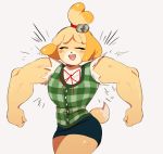  :d animal_crossing anthro biceps blush canine clothed clothing dog eyes_closed female floppy_ears fur isabelle_(animal_crossing) mammal manly muscular nintendo open_mouth shih_tzu shirt simple_background skirt smile solo standing teeth thick_thighs tongue torn_clothing triceps video_games white_background zambiie 