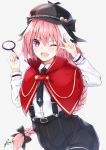  ;d absurdres alternate_costume astolfo_(fate) bad_id bad_pixiv_id bee_doushi black_hat black_neckwear black_ribbon blush braid capelet commentary_request eyebrows_visible_through_hair fang fate/apocrypha fate_(series) grey_background hair_ribbon hat highres long_hair long_sleeves magnifying_glass male_focus necktie one_eye_closed open_mouth otoko_no_ko pink_hair purple_eyes ribbon shirt signature simple_background single_braid smile solo v white_shirt 