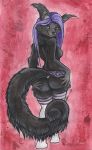  2016 4_fingers anthro binturong biped black_fur black_nose black_tail blue_eyes breasts butt cheek_tuft clothed clothing colored_pencil_(artwork) dewlap dewlap_(feature) ear_tuft eyebrows female fluffy fluffy_tail full-length_portrait fur furgonomics hair holding_butt humanoid_hands inner_ear_fluff legwear long_hair long_tail looking_at_viewer looking_back mammal medium_breasts mixed_media neck_tuft nipples panties pink_nipples pinup portrait pose presenting presenting_hindquarters purple_clothing purple_hair rear_view red_background shiverz side_boob simple_background skirt smile snout socks solo standing tail_button_bottoms tail_clothing textured_background thigh_socks topless traditional_media_(artwork) tuft underwear upskirt viverrid watercolor_(artwork) white_clothing white_socks 