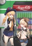 absurdres belt blonde_hair blurry blurry_background brand_name_imitation can closed_eyes cloud_tombstone colt_m1873_(girls_frontline) commentary cowboy_hat drawing_gun girls_frontline gun hat height_difference highres holster jacket m870_(girls_frontline) mechanical_tail midriff multiple_girls navel pepsi shaded_face sheriff_badge smug soda_can soft_drink tail twintails weapon 