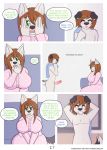  anthro balls black_ears black_nose blue_eyes blush brown_hair canine clothed clothing comic dialogue dog embarrassed english_text erection eyes_closed female fur hair husky male mammal mother mother_and_son multicolored_tail nervous nude open_mouth pajamas parent penis pink_penis slightly_chubby smile sofa son speech_bubble text tongue towel white_fur woofyrainshadow 