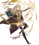 bangs blonde_hair book breasts bridal_gauntlets cape circlet closed_mouth covered_navel fire_emblem fire_emblem_heroes fire_emblem_if full_body grey_eyes hair_ornament highres holding holding_book jewelry leg_up leotard long_hair looking_away medium_breasts non-web_source official_art one_eye_closed open_book open_toe_shoes ophelia_(fire_emblem_if) see-through shiny shiny_hair shiny_skin smile solo sparkle transparent_background umiu_geso wavy_hair 