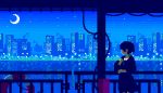  animated animated_gif black_hair blue blue_sky boat_interior building city crane dress from_side gradient_sky lifebuoy lowres moon night night_sky original pixel_art profile reflection short_hair short_sleeves sky skyscraper solo standing toyoi_yuuta 