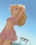  adjusting_hair armpits arms_behind_head arms_up assam bikini bikini_skirt blonde_hair blue_eyes blue_sky clear_sky commentary_request cowboy_shot day dutch_angle girls_und_panzer hair_pulled_back layered_bikini light_smile long_hair looking_at_viewer navel ocean open_mouth outdoors pink_bikini shuiro_(frog-16) sky solo standing swimsuit torii 