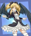  black_bow black_ribbon black_wings blonde_hair blue_background blue_eyes bow garter_straps gothic_lolita high_school_dxd lolita_fashion looking_at_viewer mittelt ribbon smile solo thighhighs twintails white_legwear wings yxyyxy 