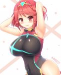  armpits arms_behind_head arms_up bare_shoulders between_breasts black_swimsuit blush breasts commentary_request covered_navel headpiece homura_(xenoblade_2) jewelry kane-neko large_breasts one-piece_swimsuit red_eyes red_hair red_swimsuit sidelocks solo swimsuit tiara xenoblade_(series) xenoblade_2 