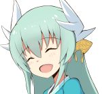  :d ^_^ bangs blue_kimono blush closed_eyes commentary_request dragon_horns eyebrows_visible_through_hair facing_viewer fate/grand_order fate_(series) green_hair hair_between_eyes head_tilt headgear highres horns japanese_clothes kimono kiyohime_(fate/grand_order) long_hair mitchi open_mouth simple_background smile solo white_background 