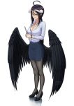  absurdres ahoge albedo alternate_costume artist_name black_bra black_footwear black_legwear black_skirt black_wings blush bra bra_peek breasts button_gap carlo_montie cleavage clipboard collared_shirt demon_girl demon_horns demon_wings dress_shirt feathered_wings full_body glasses hair_between_eyes high_heels highres horns large_breasts long_sleeves looking_at_viewer low_twintails low_wings miniskirt office_lady over-rim_eyewear overlord_(maruyama) pantyhose pencil_skirt semi-rimless_eyewear shirt skirt slit_pupils standing succubus twintails underwear watch white_shirt wings wristwatch yellow-framed_eyewear yellow_eyes 