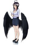  absurdres ahoge albedo alternate_costume artist_name bare_legs black_bra black_footwear black_skirt black_wings blush bra bra_peek breasts button_gap carlo_montie cleavage clipboard collared_shirt demon_girl demon_horns demon_wings dress_shirt feathered_wings full_body hair_between_eyes high_heels highres horns large_breasts long_sleeves looking_at_viewer low_twintails low_wings miniskirt office_lady overlord_(maruyama) pencil_skirt shirt skirt slit_pupils standing succubus twintails underwear watch white_shirt wings wristwatch yellow_eyes 