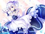  :o apron azur_lane bangs belchan_(azur_lane) belfast_(azur_lane) blue_dress blue_flower blush braid breasts collarbone commentary_request cup dress elbow_gloves eyebrows_visible_through_hair flower frilled_apron frills gloves hair_between_eyes holding holding_tray maid maid_headdress nanamomo_rio one_side_up parted_lips petals purple_eyes saucer silver_hair sleeveless sleeveless_dress small_breasts solo teacup teapot tray waist_apron white_apron white_gloves 