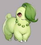  chikorita crookedtrees female feral flora_fauna grey_background nintendo nude plant pok&eacute;mon pok&eacute;mon_(species) quadruped red_eyes simple_background slightly_chubby solo standing video_games 
