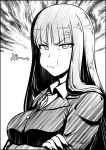  a-teru_haito anger_vein bangs blunt_bangs breasts commentary_request crossed_arms girls_und_panzer greyscale large_breasts long_hair looking_at_viewer monochrome nishizumi_shiho pout solo 