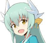  :d bangs blue_kimono blush brown_eyes dragon_horns eyebrows_visible_through_hair fate/grand_order fate_(series) green_hair hair_between_eyes head_tilt headgear highres horns japanese_clothes kimono kiyohime_(fate/grand_order) long_hair looking_at_viewer mitchi open_mouth simple_background smile solo white_background 