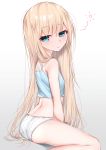  ass bangs bare_arms bare_legs bare_shoulders blonde_hair blue_camisole blue_eyes blush breasts camisole closed_mouth commentary_request crop_top eyebrows_visible_through_hair gradient gradient_background grey_background hair_between_eyes head_tilt highres kanju long_hair looking_at_viewer looking_to_the_side original panties polka_dot polka_dot_panties sitting small_breasts solo underwear underwear_only very_long_hair wariza white_background white_panties 
