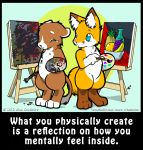  2013 ambiguous_gender banana bottle brown_fur canine chibi crying duo easel english_text feline food fox fruit fur grapes grey_fur mammal nude o-kemono orange_(fruit) orange_fur paint paintbrush painting pineapple sad still_life story story_in_description tears text white_fur 