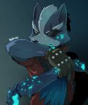  alien anthro blood canine clothing cyan_blood eating eye_patch eyewear fur gloves grey_fur jacket kemo_nuko male mammal messy nintendo red_eyes severed_arm simple_background solo star_fox starlink video_games white_fur wolf wolf_o&#039;donnell 
