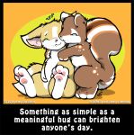  2014 ambiguous_gender anthro brown_fur canine chibi duo english_text eyes_closed fox fur hug mammal nude o-kemono pawpads rodent simple_background smile squirrel story story_in_description tears text white_fur yellow_background yellow_fur 