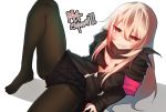 arm_support armband bangs black_jacket black_legwear blonde_hair character_name commentary eyebrows_visible_through_hair eyelashes eyes_visible_through_hair girls_frontline grin hair_between_eyes half-closed_eyes jacket knee_up long_hair long_sleeves looking_at_viewer lying m4_sopmod_ii_(girls_frontline) meow_nyang multicolored_hair no_shoes on_back open_clothes open_jacket pantyhose parted_bangs red_eyes red_hair sharp_teeth simple_background sketch_eyebrows smile solo streaked_hair teeth two-tone_hair unzipped white_background zipper zipper_pull_tab 