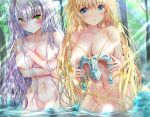  2girls blonde_hair blush breast_hold fate/grand_order fate_(series) green_eyes jeanne_d&#039;arc_(fate) jeanne_d&#039;arc_alter long_hair navel nude ogata_tei wet white_hair 