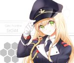  blonde_hair character_name commentary epaulettes girls_frontline gloves green_eyes hat long_hair looking_at_viewer military military_uniform necktie setoka12 smile stg44_(girls_frontline) uniform 