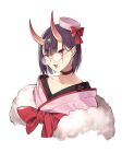  bangs blush bow choker collarbone fang fate/grand_order fate_(series) fur_trim glasses hat hat_bow highres horns japanese_clothes kimono mini_hat oni oni_horns open_mouth philomelalilium pink_hat pink_kimono purple_eyes purple_hair red_bow red_choker round_eyewear short_hair shuten_douji_(fate/grand_order) simple_background solo thick_eyebrows tongue tongue_out white_background 