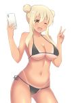  ;d bikini bikini_tan black_bikini blonde_hair blush breasts brown_eyes cellphone collarbone double_bun fang gyaru hair_between_eyes highres junk_doppel kogal large_breasts long_hair looking_at_viewer navel one_eye_closed open_mouth phone side-tie_bikini sidelocks smile standing sunohara_nana sunoharasou_no_kanrinin-san swimsuit tan tanline v v_arms white_background 