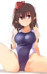  bangs bare_arms bare_shoulders blue_swimsuit breasts brown_hair cameltoe collarbone cowboy_shot eyebrows_visible_through_hair hair_between_eyes hat kamukamu_(ars) large_breasts looking_at_viewer one-piece_swimsuit pointy_ears pom_pom_(clothes) red_eyes shadow shameimaru_aya short_hair simple_background sitting solo spread_legs swimsuit tassel thighs tokin_hat touhou white_background 
