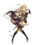  bangs blonde_hair book breasts bridal_gauntlets cape circlet clenched_teeth covered_navel fire_emblem fire_emblem_heroes fire_emblem_if full_body grey_eyes hair_ornament highres holding holding_book jewelry leotard long_hair looking_away medium_breasts non-web_source official_art open_book open_toe_shoes ophelia_(fire_emblem_if) parted_lips see-through solo teeth thighhighs toes torn_cape torn_clothes transparent_background umiu_geso wavy_hair 