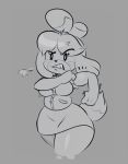  2018 4_fingers angry animal_crossing anthro biceps biped breasts canine clothed clothing conditional_dnp digital_media_(artwork) dog eyebrows eyelashes female fist floppy_ears frown fur grey_background greyscale grimace hair hair_bun isabelle_(animal_crossing) mammal monochrome multicolored_fur nintendo portrait rolling_up_sleeves shih_tzu shirt short_hair simple_background skirt solo standing teckworks teeth thick_thighs three-quarter_portrait topknot two_tone_fur two_tone_tail video_games walking wide_hips 