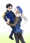  black_hair blue-framed_eyewear blue_eyes blue_flower blue_rose brown_eyes carrying child flower ganpiro glasses head_wreath jacket katsuki_yuuri male_focus multiple_boys open_mouth ponytail rose silver_hair smile teenage track_jacket viktor_nikiforov younger yuri!!!_on_ice 