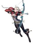  arrow bangs belt blue_eyes boots bow_(weapon) braid breasts bridal_gauntlets capelet dress eponine_(fire_emblem_if) fire_emblem fire_emblem_heroes fire_emblem_if full_body hairband highres holding holding_bow_(weapon) holding_weapon long_hair looking_at_viewer medium_breasts mikurou_(nayuta) non-web_source official_art pantyhose parted_bangs shiny shiny_hair short_dress silver_hair smile solo striped tongue tongue_out transparent_background turtleneck twin_braids twintails vertical_stripes weapon 