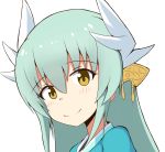 bangs blue_kimono blush brown_eyes closed_mouth dragon_horns eyebrows_visible_through_hair fate/grand_order fate_(series) green_hair hair_between_eyes head_tilt headgear highres horns japanese_clothes kimono kiyohime_(fate/grand_order) long_hair looking_at_viewer mitchi simple_background smile solo white_background 