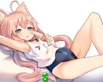  ahoge animal_ears arm_up armpits blue_eyes cat_ears choker commentary_request covered_navel food hair_bobbles hair_ornament hinata_channel knee_up legs long_hair low_twintails lying nekomiya_hinata on_back one-piece_swimsuit open_mouth pink_hair popsicle rk_(rktorinegi) school_swimsuit solo swimsuit swimsuit_under_clothes twintails vest white_vest 